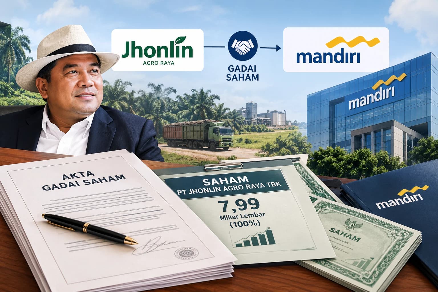 PT Jhonlin Agro Raya Tbk (JARR) menggadaikan sahamnya ke PT Bank Mandiri (Persero) Tbk. (Sumber: Dibuat AI) PT Jhonlin Agro Raya Tbk (JARR) menggadaikan sahamnya ke PT Bank Mandiri (Persero) Tbk. (Sumber: Dibuat AI)